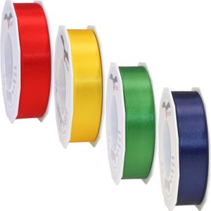 Satijn cadeau/hobby sierlinten 2,5cm x 25m- set 4x - rood/geel/groen/blauw