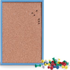 Prikbord incl. 25x punaises gekleurd - 40 x 60 cm - blauw - kurk