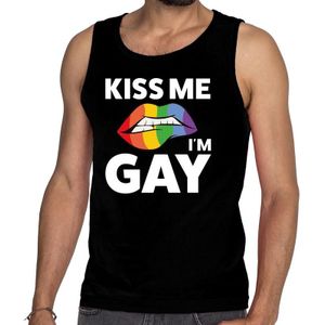 Gay pride Kiss me i am gay tekst/fun tanktop shirt zwart heren