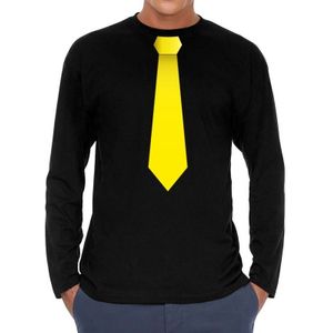 Zwart long sleeve t-shirt zwart met gele stropdas bedrukking heren