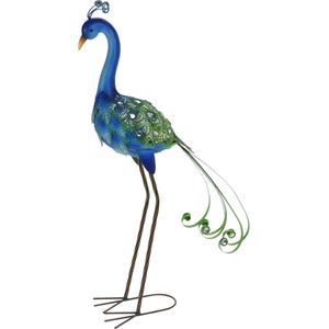 Pro garden Tuin/huis deco dieren/vogel beeld - Metaal - Pauw - 12 x 80 cm - buiten/binnen - blauw