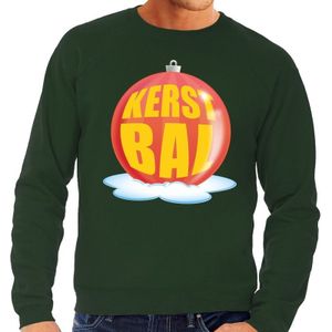 Foute feest kerst sweater met rode kerstbal op groene sweater voor heren