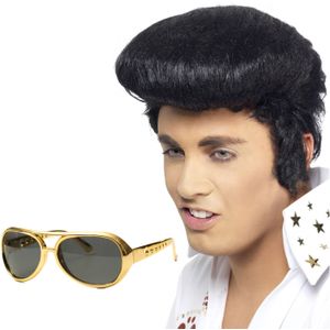 Rock and Roll ster Elvis verkleed set - herenpruik zwart met kuif - en bril goud montuur