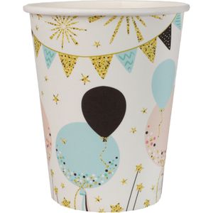 Santex feest wegwerp bekertjes - ballon - 10x stuks - 270 ml - karton - wit/goud