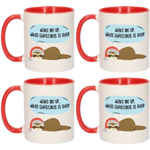 Set van 4x stuks wake me up when Christmas is over kerstcadeau mokken/bekers rood Kerstmis 300 ml