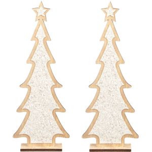 2x stuks kerstdecoratie houten kerstboom glitter wit 35,5 cm