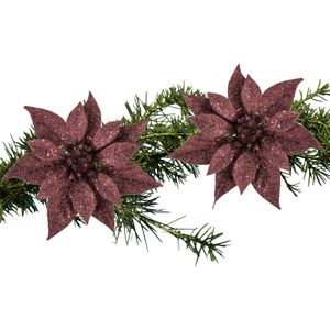 2x stuks kerstboom decoratie bloemen donkerrood glitter op clip 18 cm