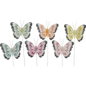 6x stuks decoratie vlinders op draad gekleurd - 8 cm