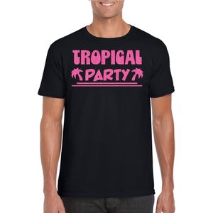Bellatio Decorations Tropical party T-shirt heren - met glitters - zwart/roze -carnaval/themafeest