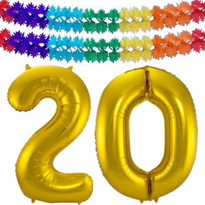 Leeftijd feestartikelen/versiering grote folie ballonnen 20 jaar goud 86 cm + slingers