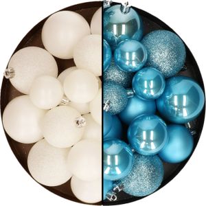 Kerstballen 60x stuks - mix wol wit/ijsblauw - 4-5-6 cm - kunststof