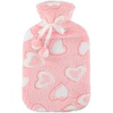 Warmwaterkruik 2 liter met zachte fleece hoes roze/hartjes