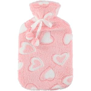 Warmwaterkruik 2 liter met zachte fleece hoes roze/hartjes