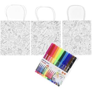 3x Tasjes om in te kleuren met 12 kleurstiften voor kinderen