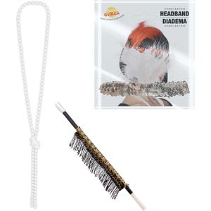 Carnaval verkleed accessoire set - sigarettenhouder/parelketting/hoofdband - charleston/jaren 20 stijl
