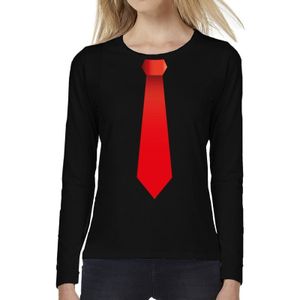 Zwart long sleeve t-shirt zwart met rode stropdas bedrukking dames