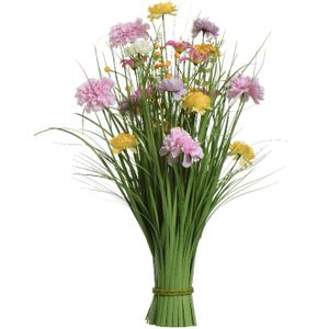 Kunstgras boeket bloemen - anjers - lila paars - geel - H70 cm - lente boeket