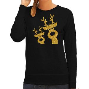 Bellatio Decorations foute kersttrui/sweater voor dames - gouden rendieren - zwart - glitter goud S