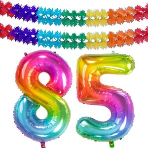 Leeftijd feestartikelen/versiering grote folie ballonnen 85 jaar glimmend multi-kleuren 86 cm + slingers