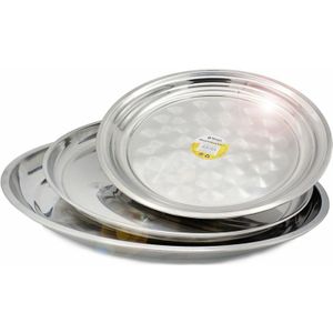 B-Home serveerschalen/dienbladen set - plat - rond - zilver - rvs - Dia 30/35/40 cm