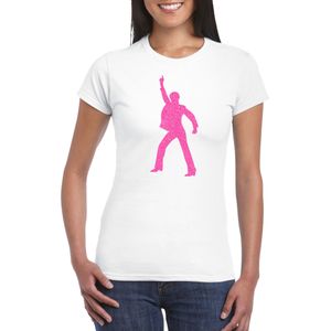 Bellatio Decorations Verkleed T-shirt dames - disco - wit - roze glitter - jaren 70/80 - carnaval