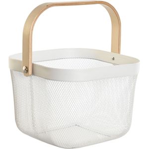 Items draadmand/fruitschaal Maya - vierkant - wit - 26 x 26 x 18 cm - metaal/hout - keuken mand
