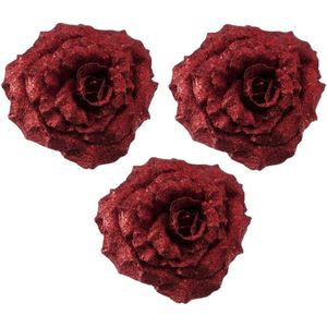4x Kerstversieringen glitter roos rood op clip 18 cm