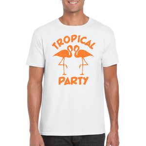 Bellatio Decorations Tropical party T-shirt heren - met glitters - wit/oranje - carnaval/themafeest