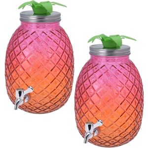 2x Stuks glazen drank dispenser ananas roze/oranje 4,7 liter
