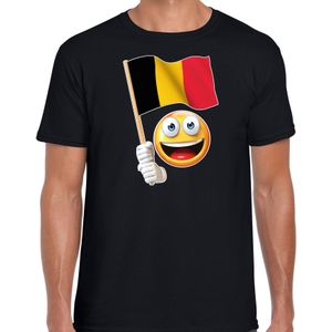 Belgie fan shirt met emoticon en Belgisch zwaaivlaggetje zwart voor heren