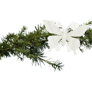 House of Seasons kerst vlinders op clip - 2x st - wit glitter - 16 cm
