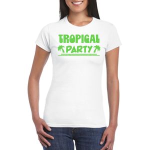 Bellatio Decorations Tropical party T-shirt dames - met glitters - wit/groen - carnaval/themafeest