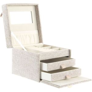 Luxe sieradenkist/juwelenkist met lades beige van stof 15 x 15,5 x 13 cm