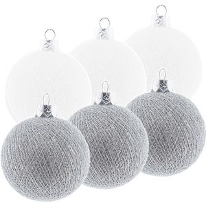 6x Wit/zilveren Cotton Balls kerstballen decoratie 6,5 cm