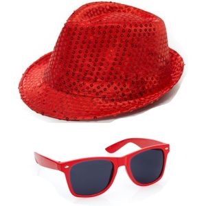 Carnaval verkleed set hoed en bril rood glitters