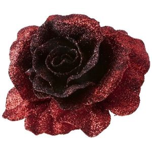 1x Kerstversieringen glitter roos rood op clip 10 cm