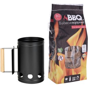 BBQ/Barbecue briketten starter met houten handvat zwart 27 cm met 80x BBQ aanmaakblokjes