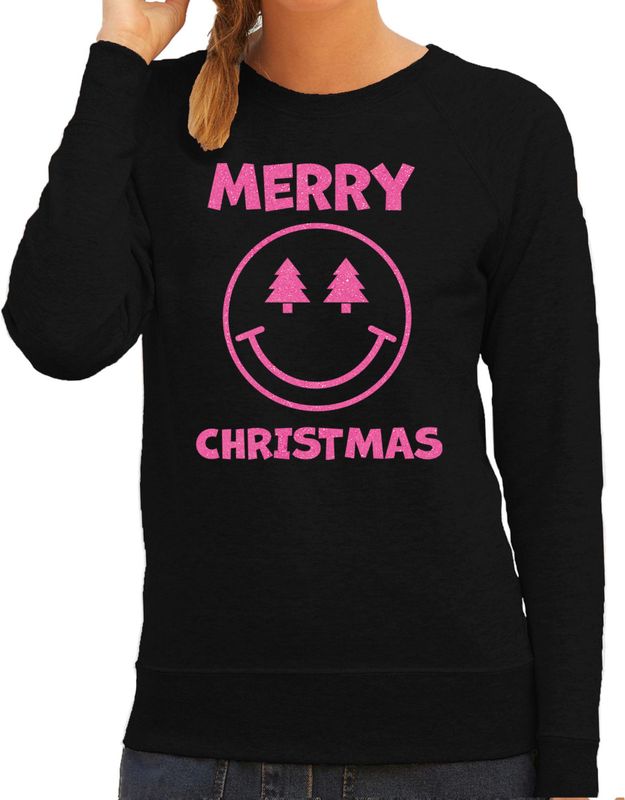 Foute kersttrui dames - Merry Christmas - zwart - glitter roze