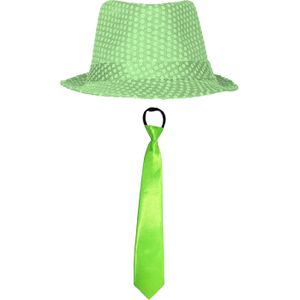 Carnaval verkleed set - hoedje en stropdas - fluor groen - volwassenen