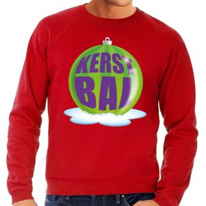 Foute feest kerst sweater met groene kerstbal op rode sweater voor heren