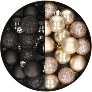 28x stuks kleine kunststof kerstballen zwart en champagne 3 cm