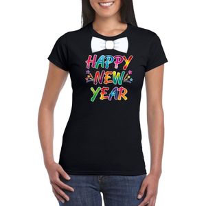 Gekleurde happy new year met strikje t-shirt zwart voor dames