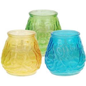 Windlicht geurkaars - 3x - geel/blauw/groen glas - 48 branduren - citrusgeur