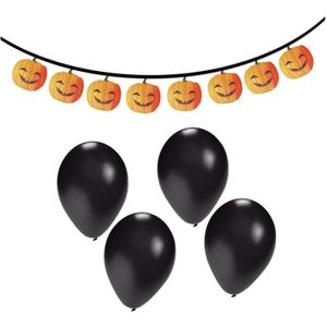 Halloween/horror thema feestslinger - pompoen - papier - 300 cm - incl. 10x ballonnen zwart