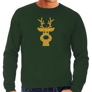 Rendier hoofd Kerst sweater / trui groen voor heren met gouden glitter bedrukking