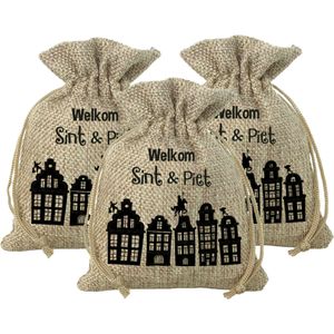 Pakket van 12x stuks mini Sinterklaas jute cadeau zakken Welkom Sint en Piet print met koord 18 x 25