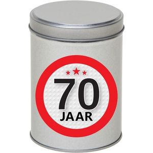 Zilver bewaarblik/opbergblik 13 cm met 70 jaar sticker