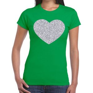 Zilveren hart glitter fun t-shirt groen voor dames