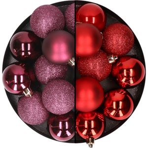 24x stuks kunststof kerstballen mix van aubergine en rood 6 cm