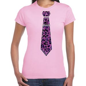 Bellatio Decorations Verkleed T-shirt dames - panterprint stropdas - roze - foute party - carnaval